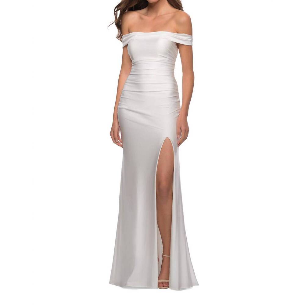 NEW LA FEMME jersey prom gown in white